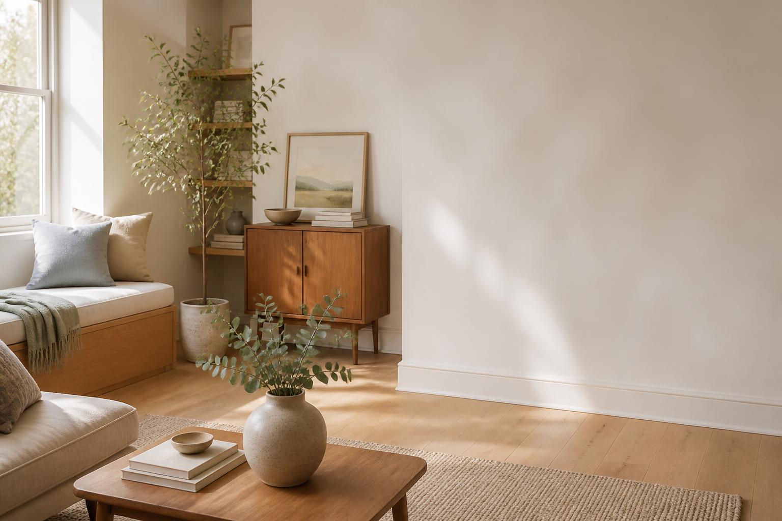 Sun-lit, calm sitting room representing a thoughtful home transition
