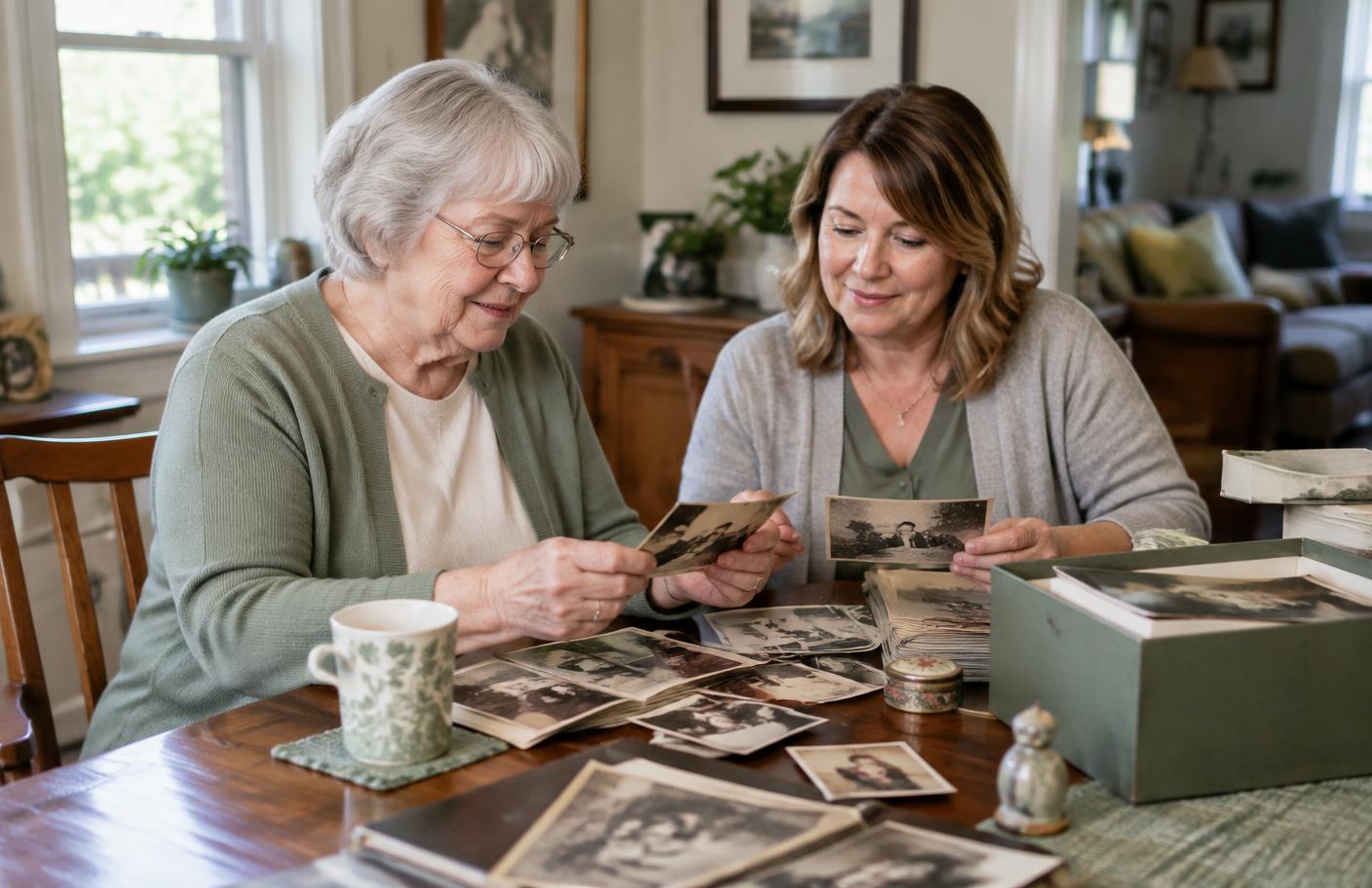 A mother and daughter calmly sorting family photographs together