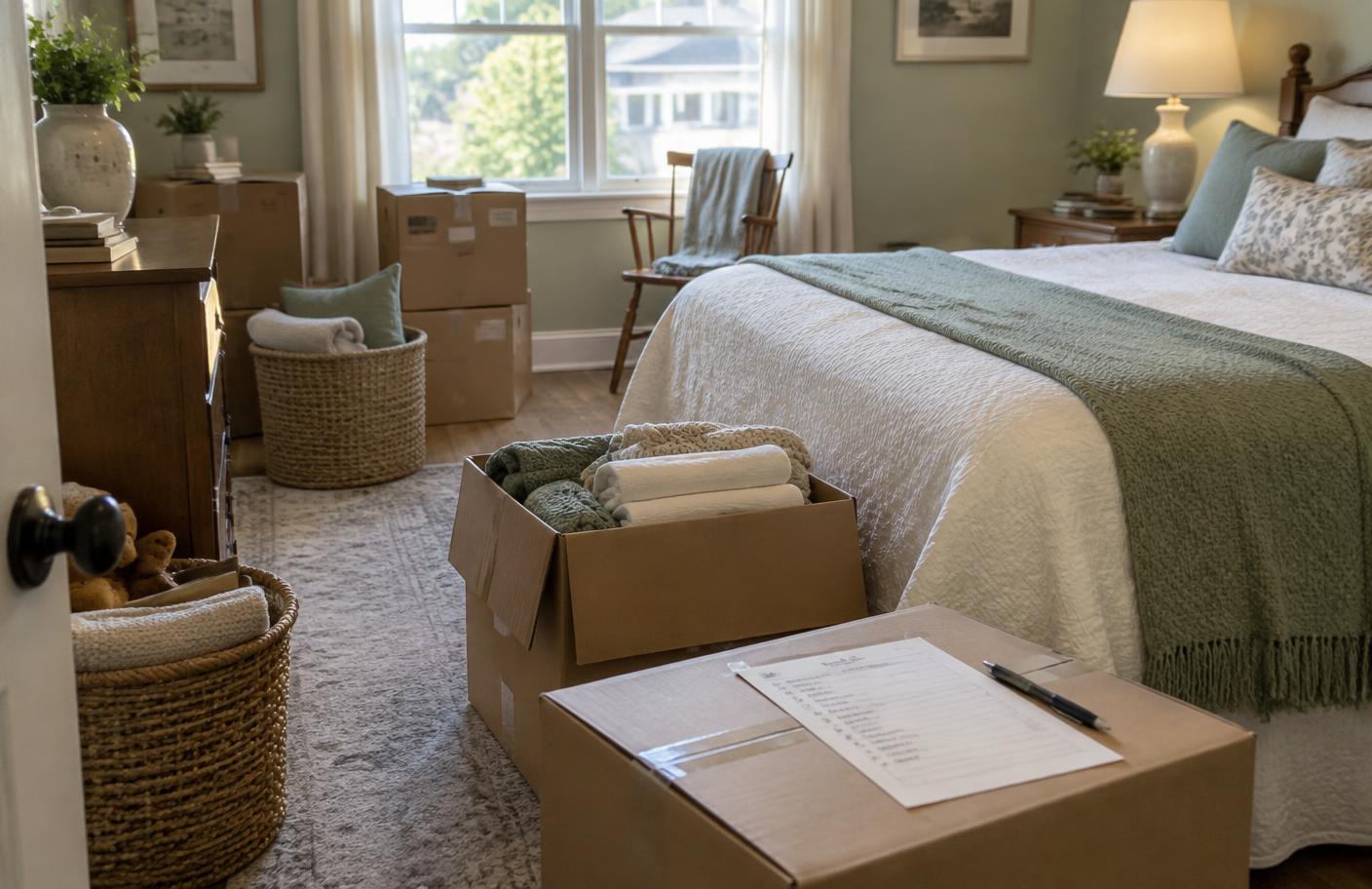 An organized bedroom with moving boxes and a transition checklist