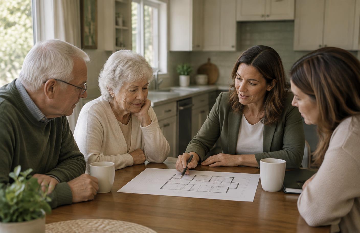 A real estate professional reviewing a home transition plan with a family